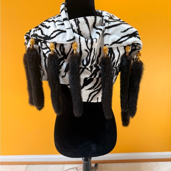 Zebra Print Shawl with Black Mink Fur Tassels.